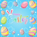 Happy Easter! Vector isolated illustration with eggs and lettering text on blue background Royalty Free Stock Photo